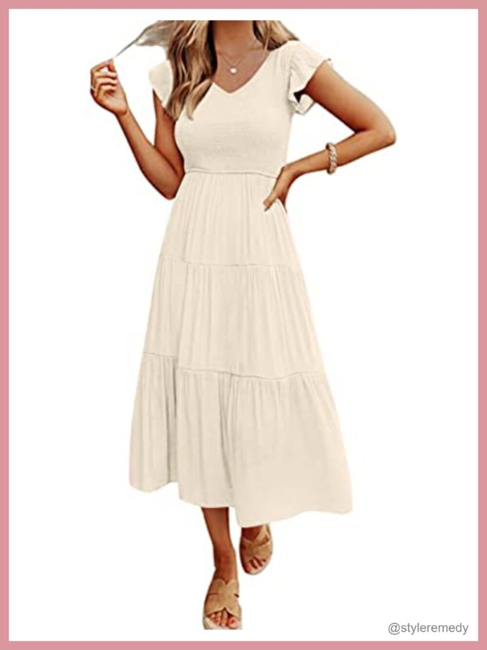 Women's Flutter Sleeve Smocked Midi Dress V-Neck Casual A-Line